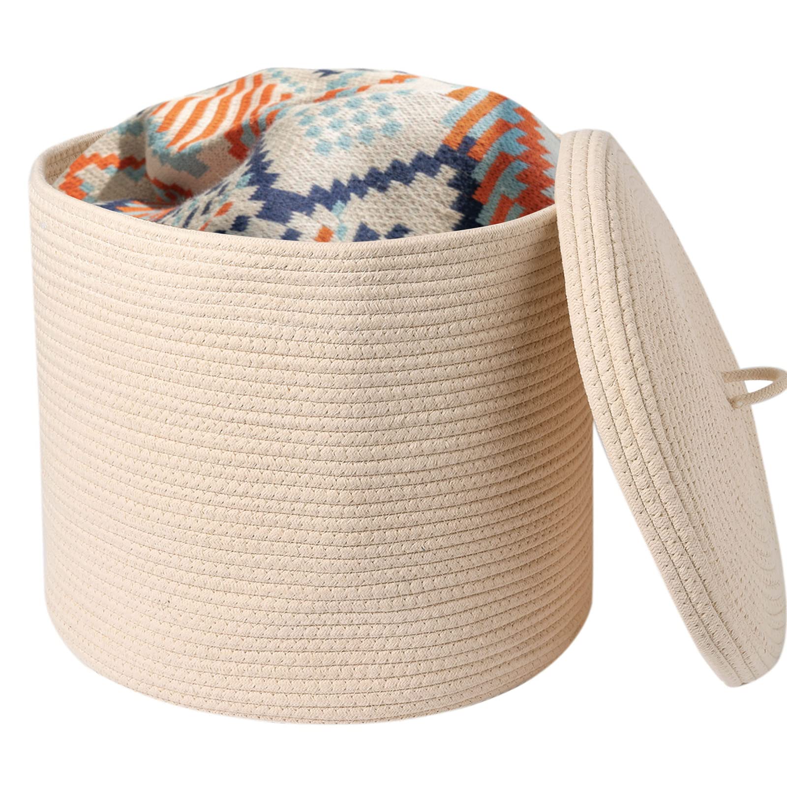 Tegance Woven Rope Basket With Lid - Cotton Rope Baskets For Organizing - Large Beige Laundry Baskets Hamper - Living Room Basket For Blanket Nursery, Toy Bin Decorative Storage Basket, 16'D X 14'H
